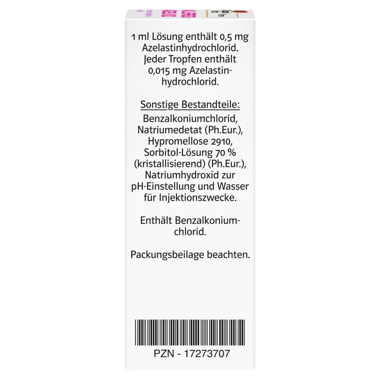 Abbildung der Produktverpackung DoppelherzPharma ALLERGO-AZELIND 0,5 mg/ml Augentropfen, Lösung Seitenansicht rechts